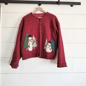 Christmas Cardigan Primitive Snowmen Country Grandma Farmhouse Plaid Fleece  M L